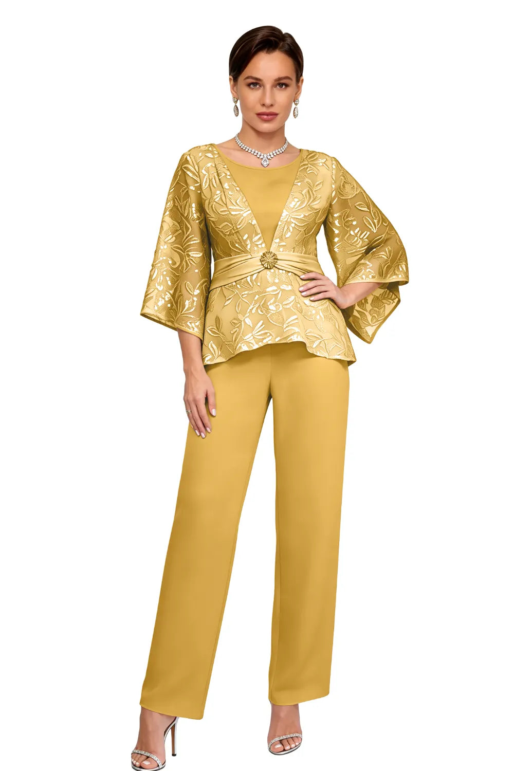Sheer Bell Sleeve Embellished Evening Pant Set