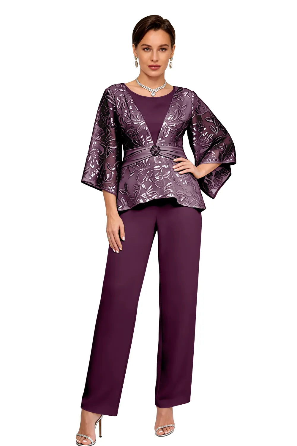 Sheer Bell Sleeve Embellished Evening Pant Set