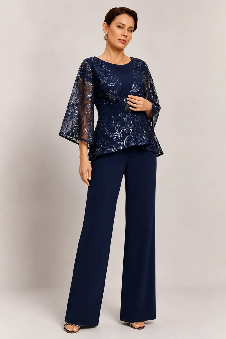 Sheer Bell Sleeve Embellished Evening Pant Set