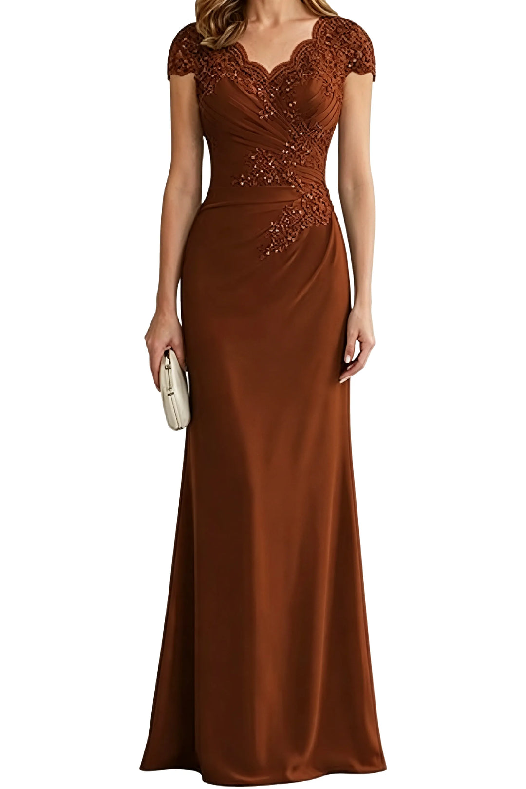 Lace Embellished Cap Sleeve Fitted Formal Evening Gown