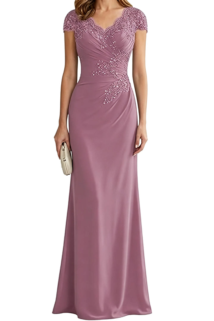 Lace Embellished Cap Sleeve Fitted Formal Evening Gown