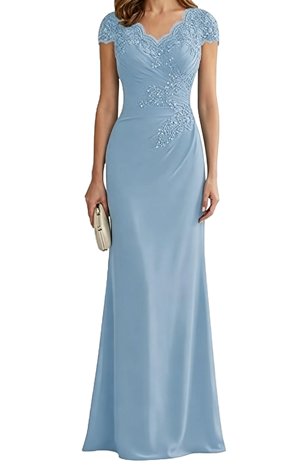 Lace Embellished Cap Sleeve Fitted Formal Evening Gown