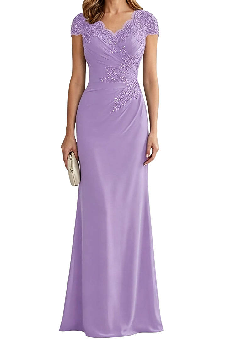 Lace Embellished Cap Sleeve Fitted Formal Evening Gown