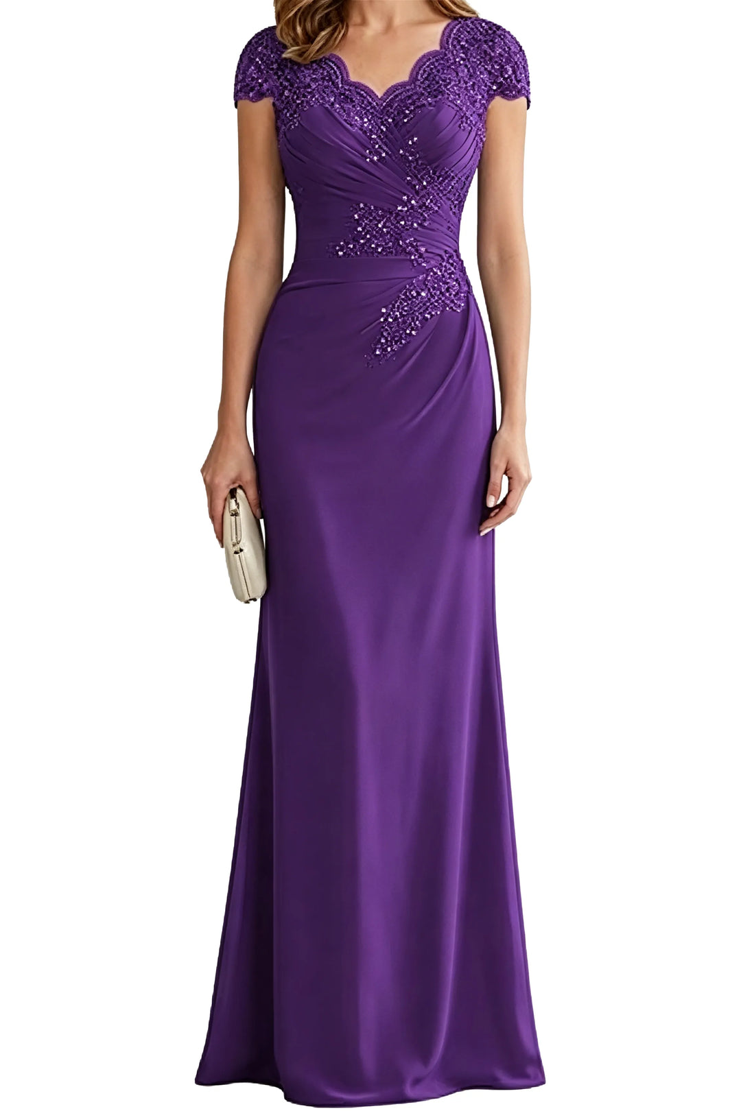 Lace Embellished Cap Sleeve Fitted Formal Evening Gown