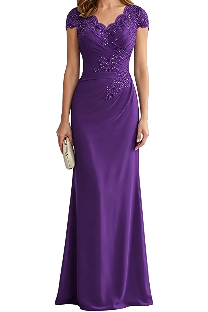 Lace Embellished Cap Sleeve Fitted Formal Evening Gown