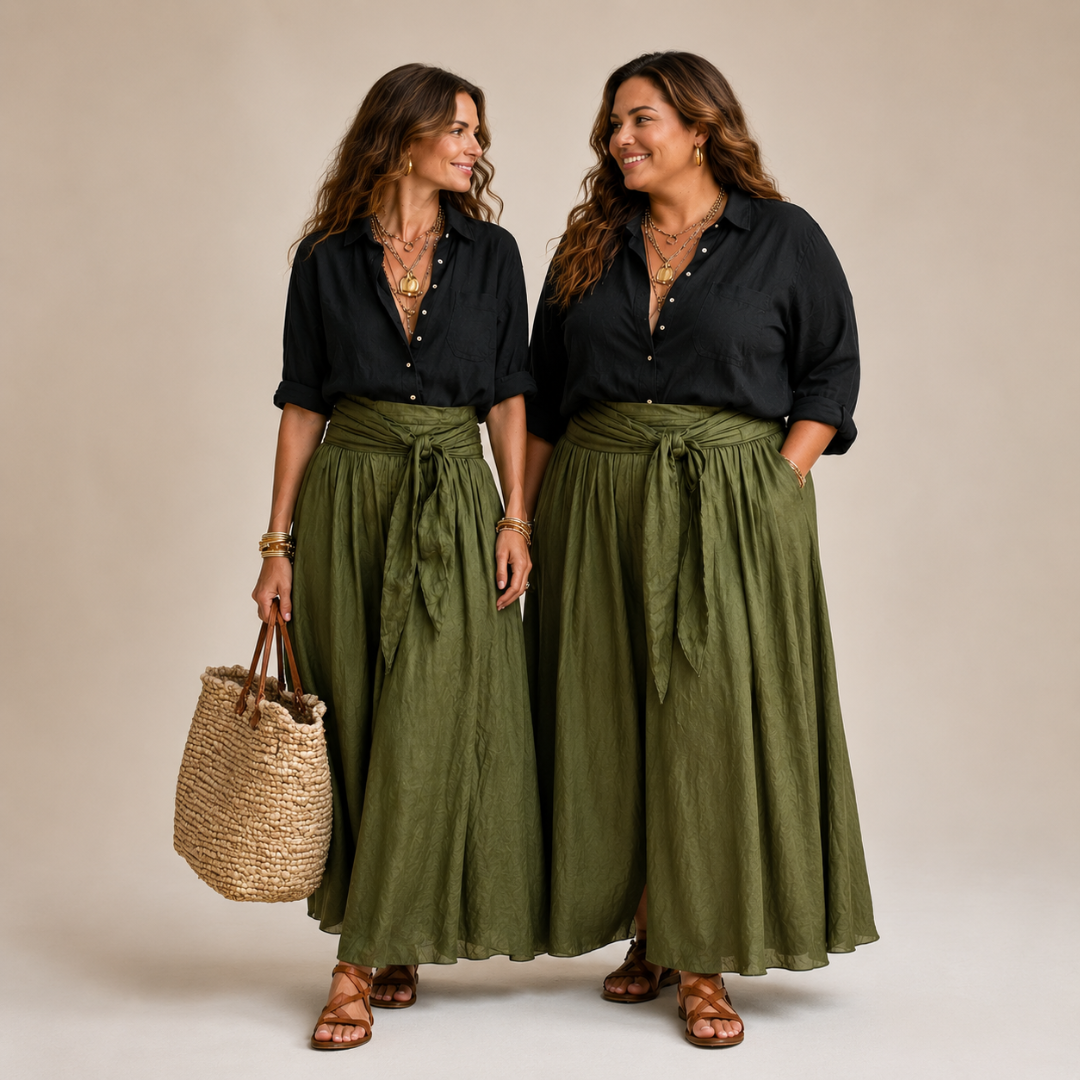 Vera™ | Two-Piece Set: Black Blouse and Olive Green Midi Skirt