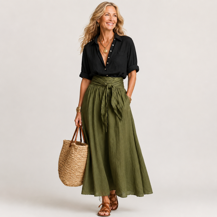 Vera™ | Two-Piece Set: Black Blouse and Olive Green Midi Skirt